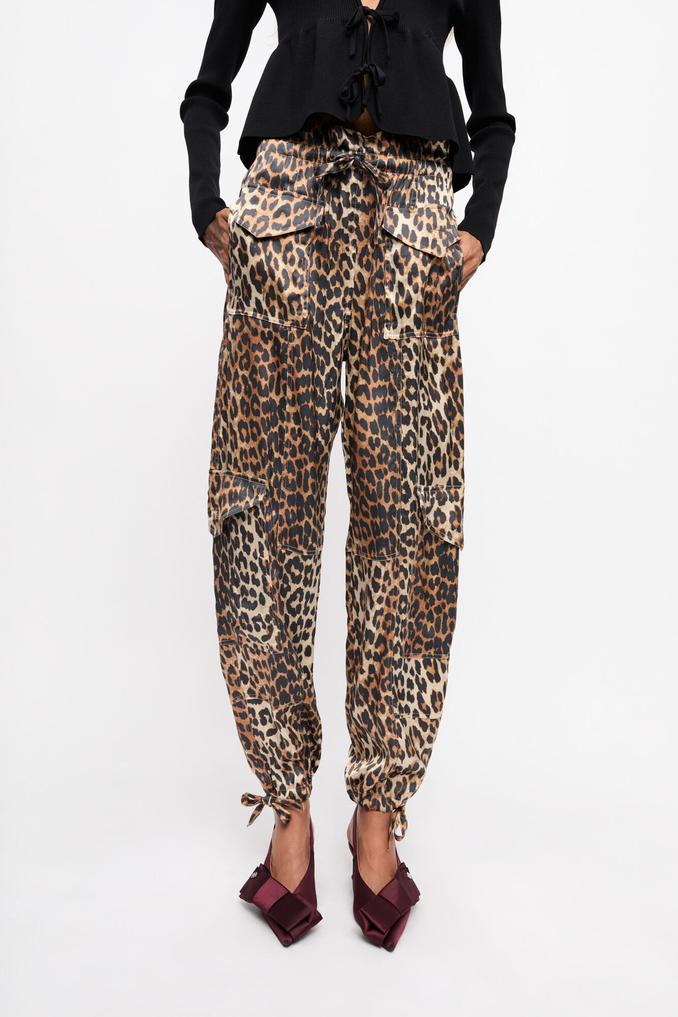 Leopard Printed Satin Trousers, Viscose, in colour Leopard - 2 - GANNI