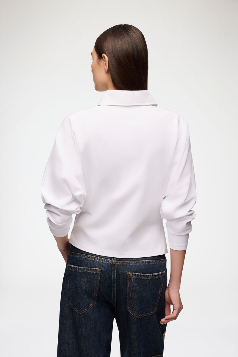 Polo Shirt in White Jersey, Organic Cotton, in colour Bright White - 3 - GANNI