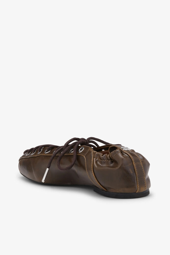 Lace-Up Ballerinas in Dark-Olive Oleatex, Dark Olive