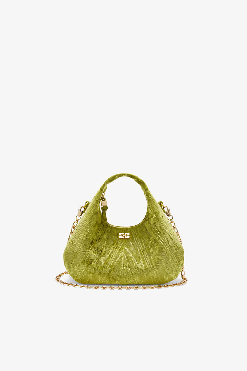Mini Hobo Bag in Velvet Moiré, Recycled Polyester, in colour Spinach Green - 1 - GANNI