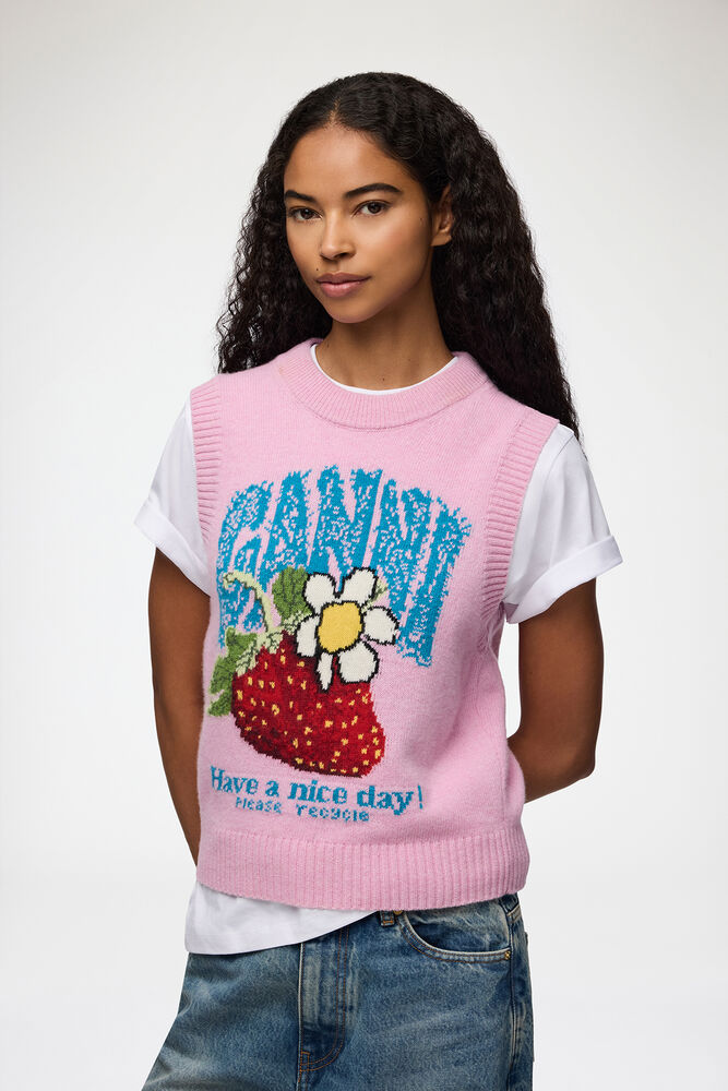 Knit Vest with Strawberry, Chalk Pink