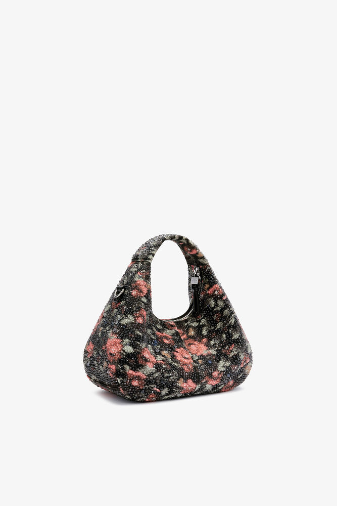 Mini Hobo Bag with Beaded Flower, Black