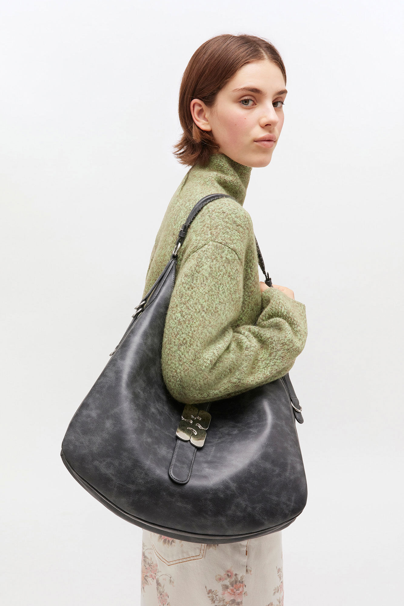 Large Kat Bag in Grey, Recycled Leather, in colour Ebony - 1 - GANNI