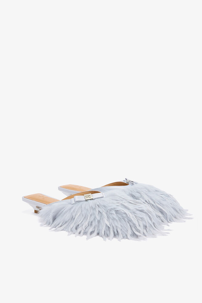 Sue Kitten Heel Mules in Blue Ostrich, Quiet Shade