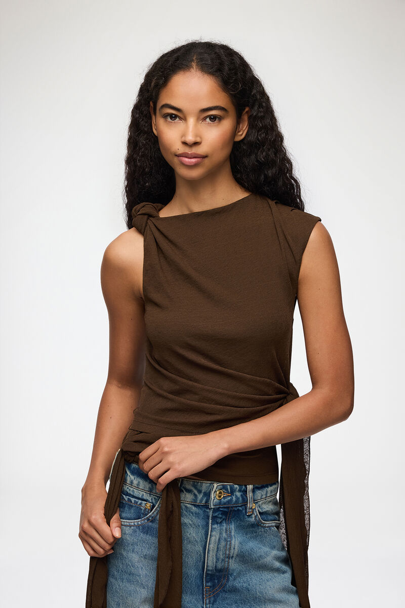 Top in Marl Mesh, Recycled Polyester, in colour Demitasse - 1 - GANNI