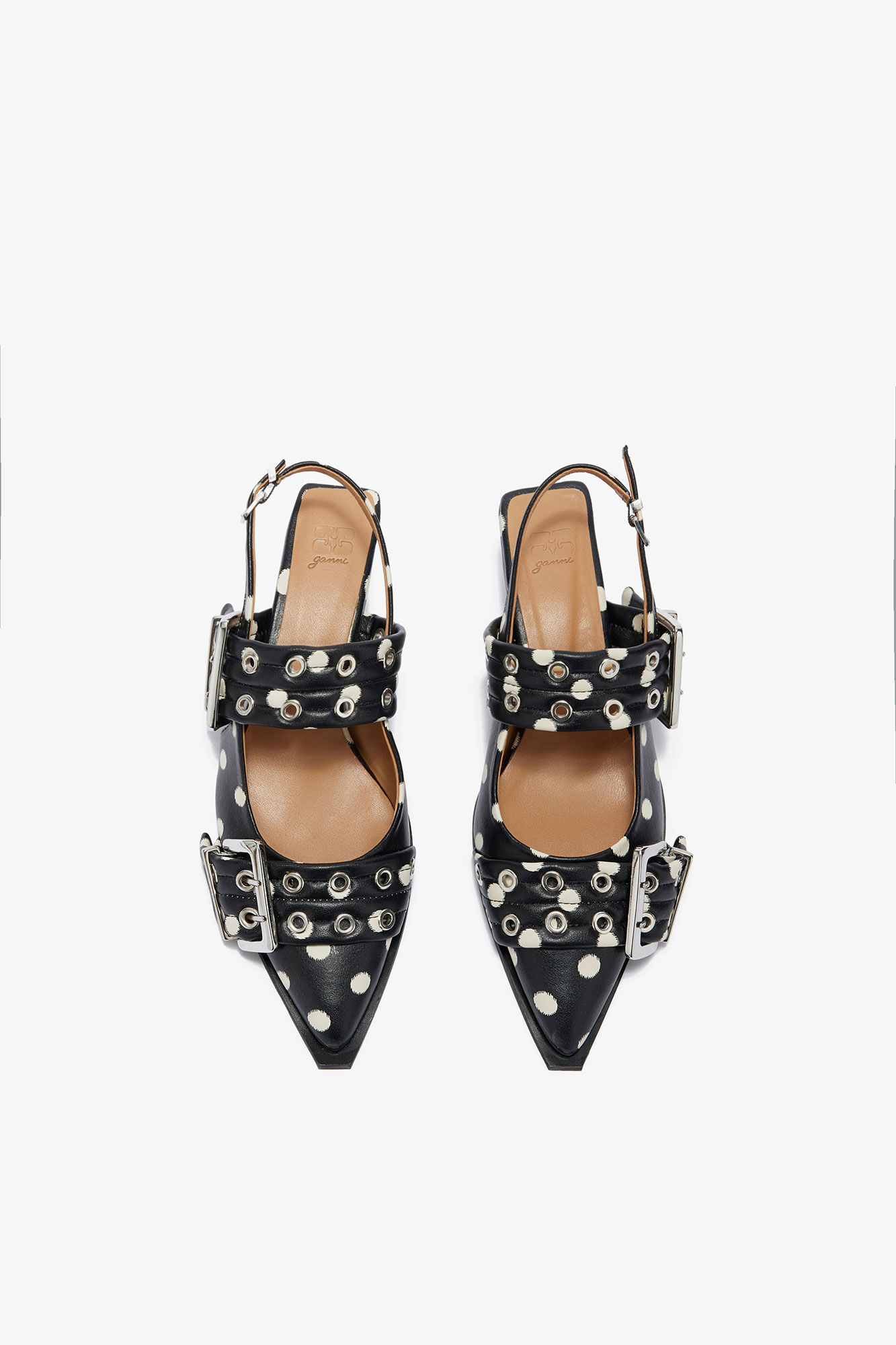 Feminine Buckle Heels with Dots, Recycled Leather, in colour Black - 3 - GANNI