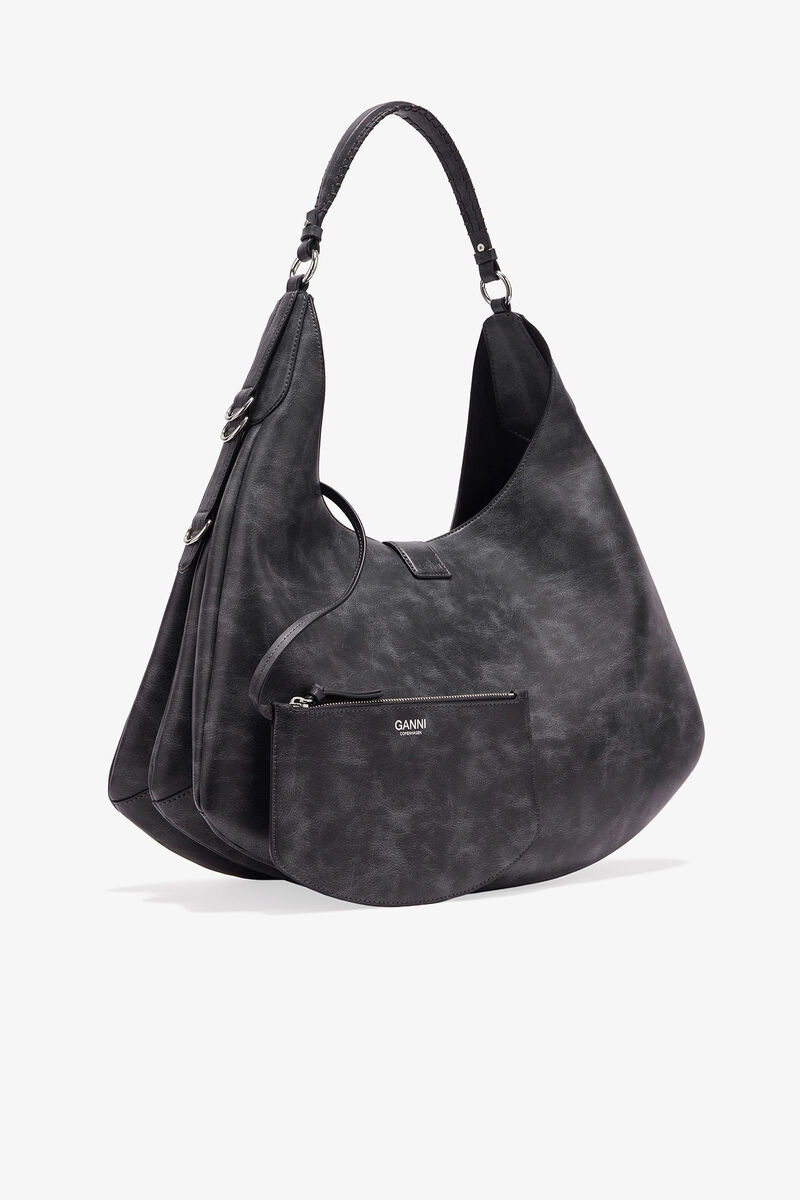 Large Kat Bag in Grey, Recycled Leather, in colour Ebony - 2 - GANNI
