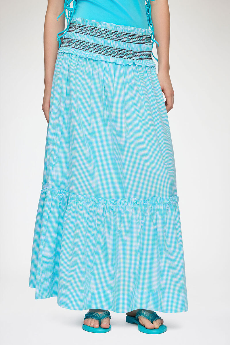 Convertible Skirt in Blue Check, Organic Cotton, in colour Blue Curacao - 2 - GANNI