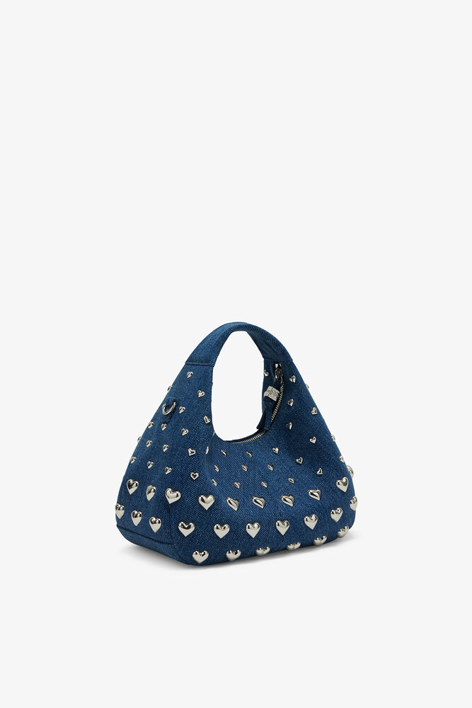 Mini Hobo Bag with Heart Studs in Denim, Navy Peony