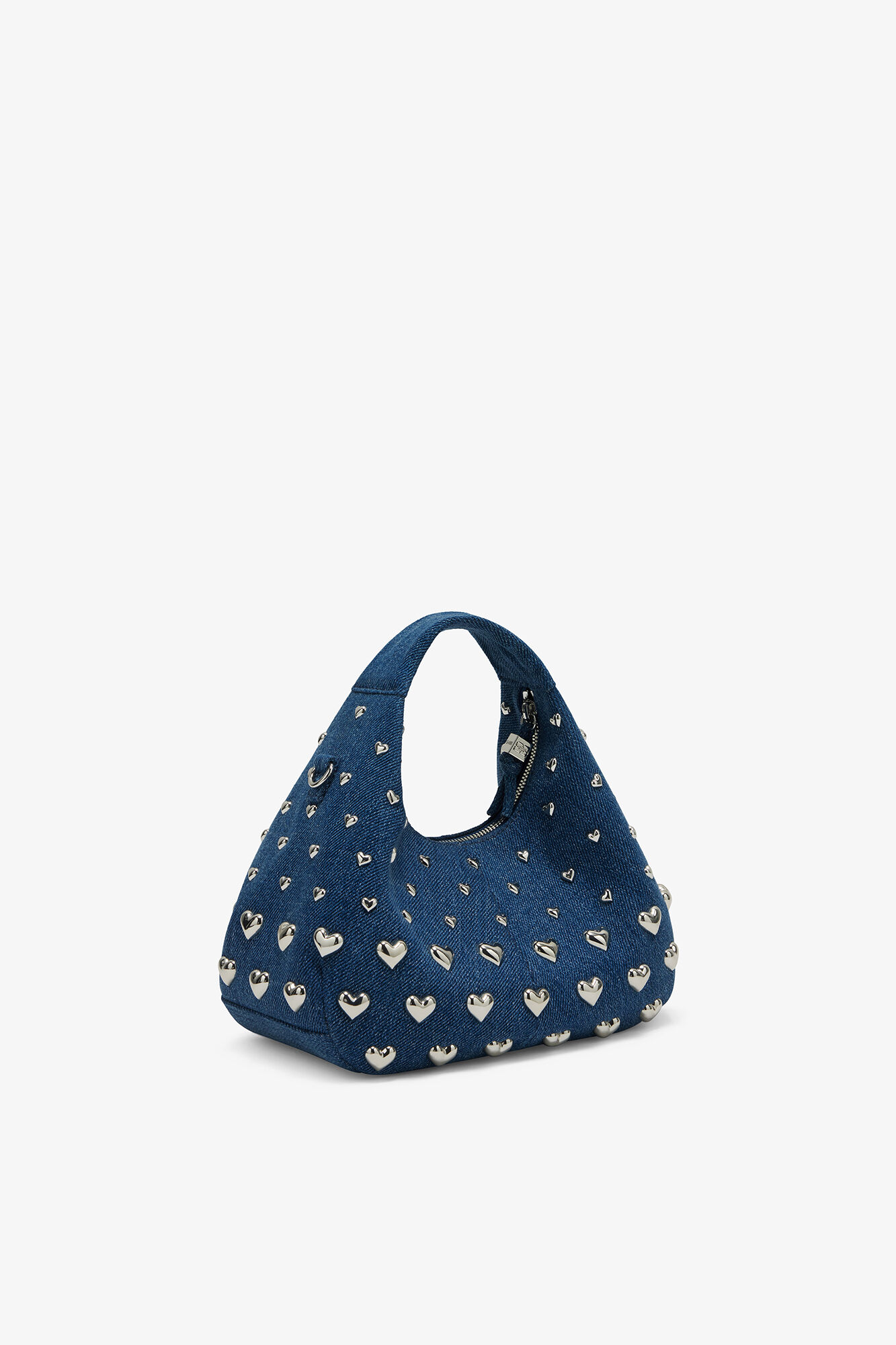 Mini Hobo Bag with Heart Studs in Denim, Recycled Cotton, in colour Navy Peony - 2 - GANNI