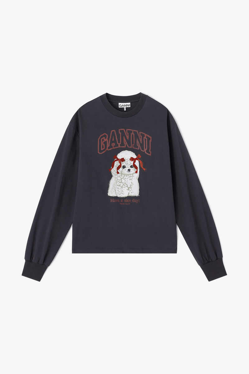 Mørkegrå, langærmet trøje med puddelprint, Organic Cotton, in colour Phantom - 1 - GANNI