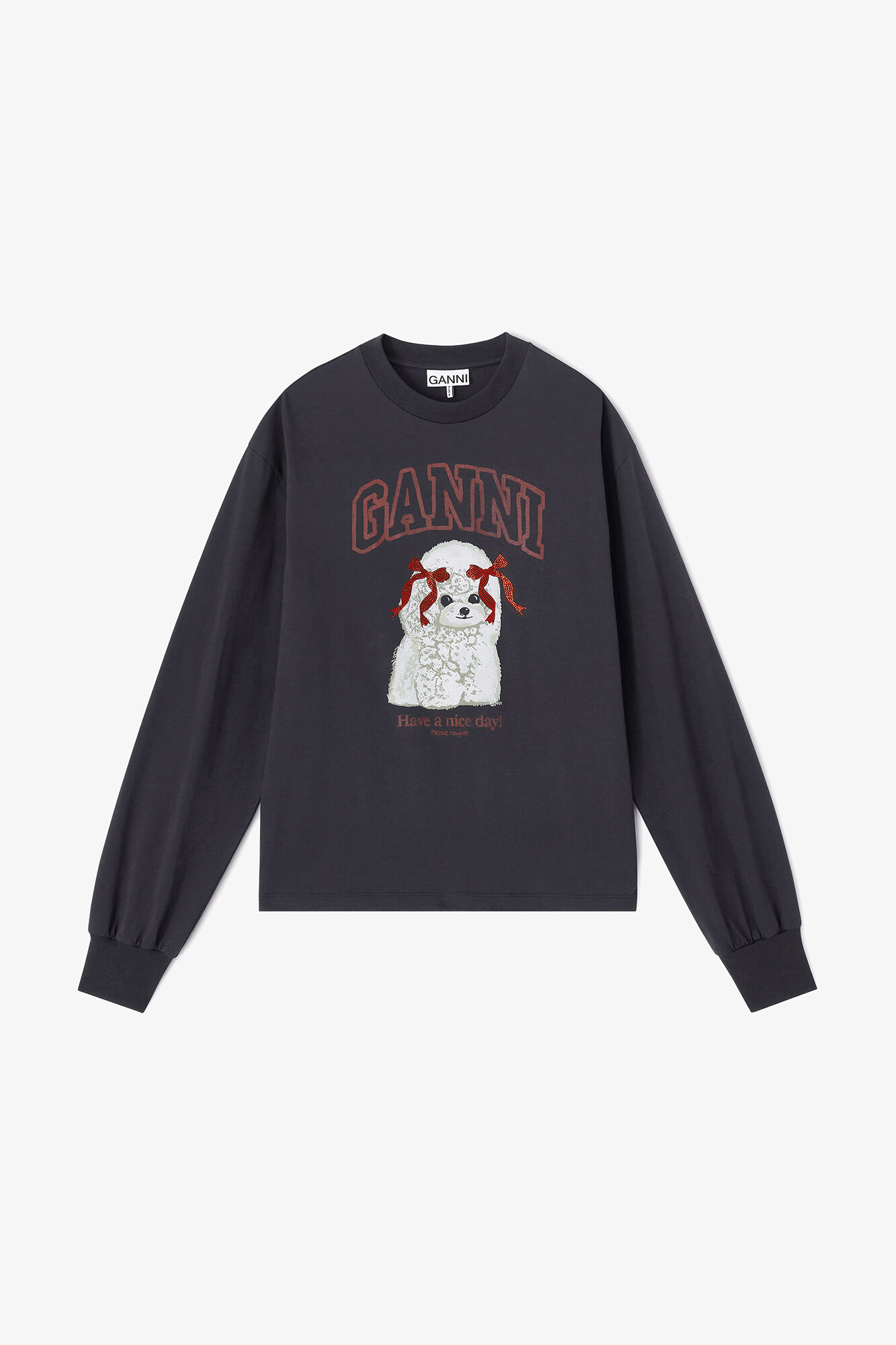 Mørkegrå, langærmet trøje med puddelprint, Organic Cotton, in colour Phantom - 1 - GANNI