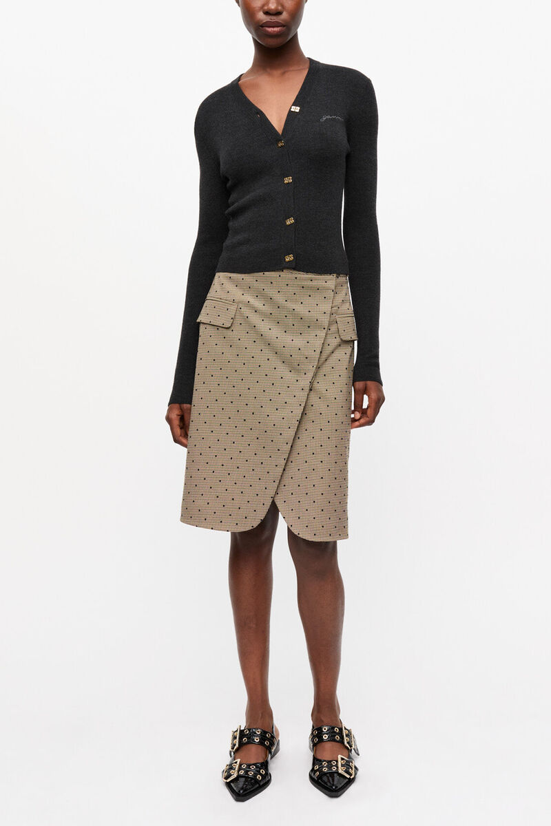 Black Mini Ribbed Merino Cardigan, Merino Wool, in colour Phantom - 3 - GANNI
