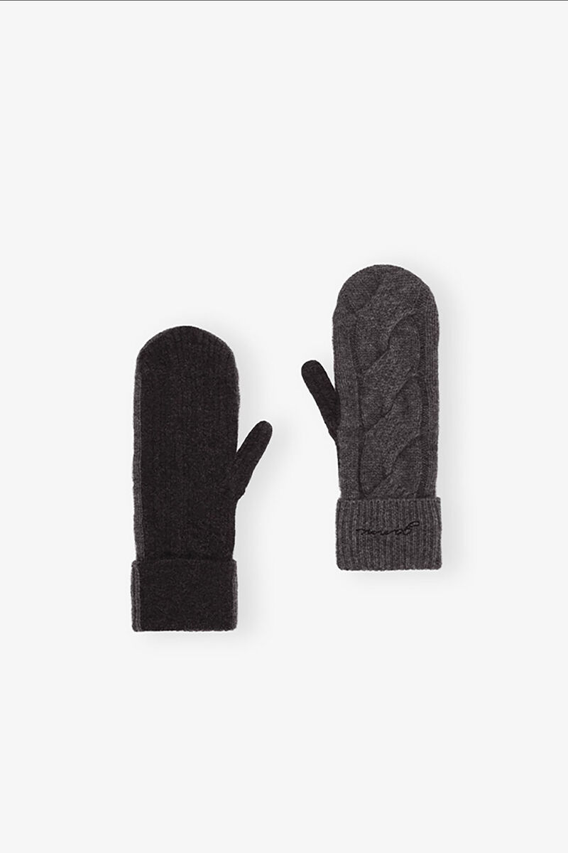 Grey and Black Cashmere Mix Mittens, Merino Wool, in colour Phantom - 1 - GANNI