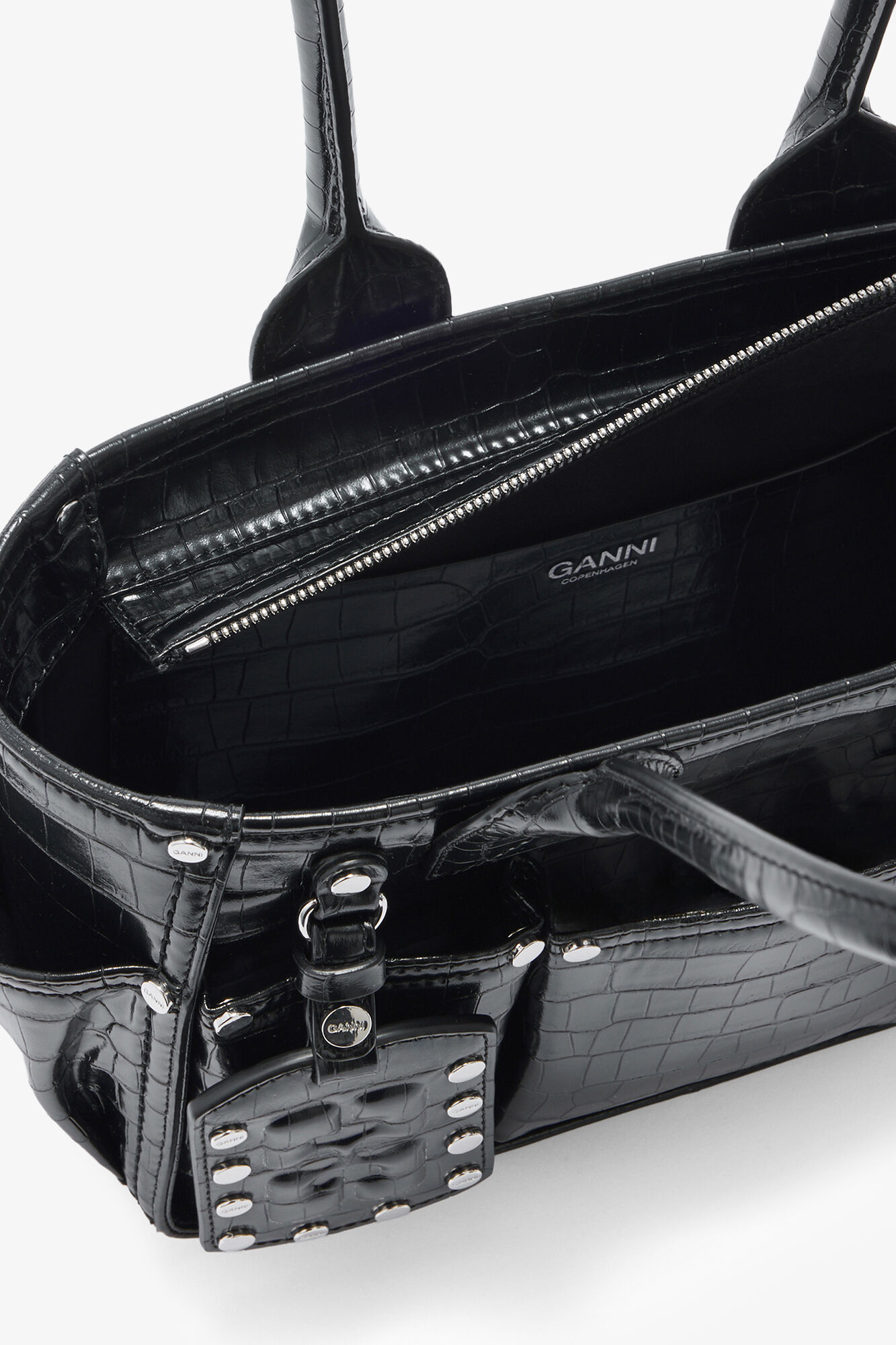 ブラック クロコ Posy スモール, Recycled Leather, in colour Black - 3 - GANNI