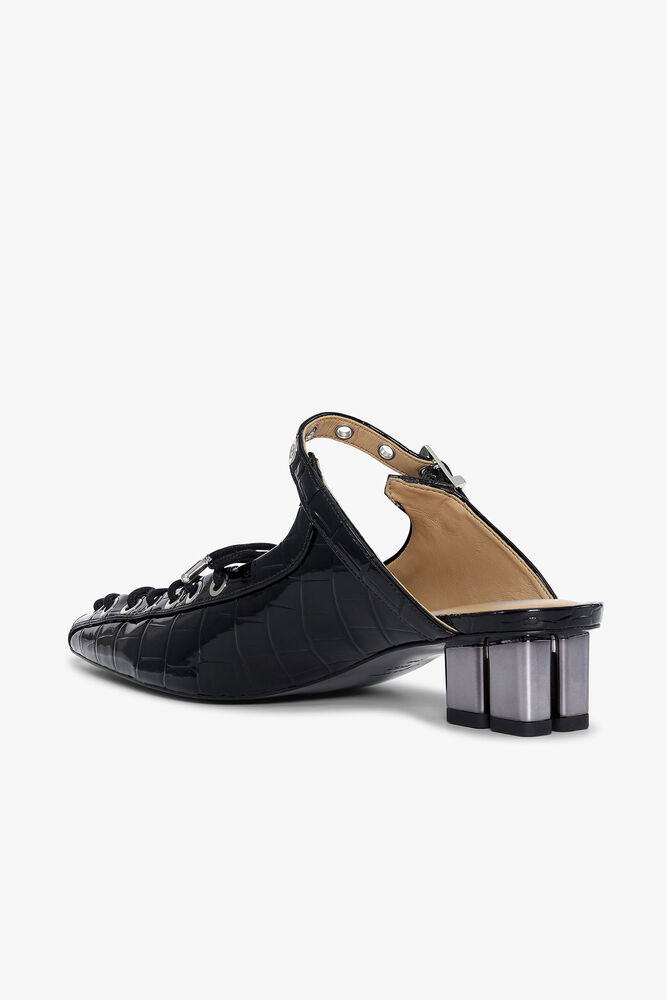 Croc Patent Lace-Up Mules in Black, Black