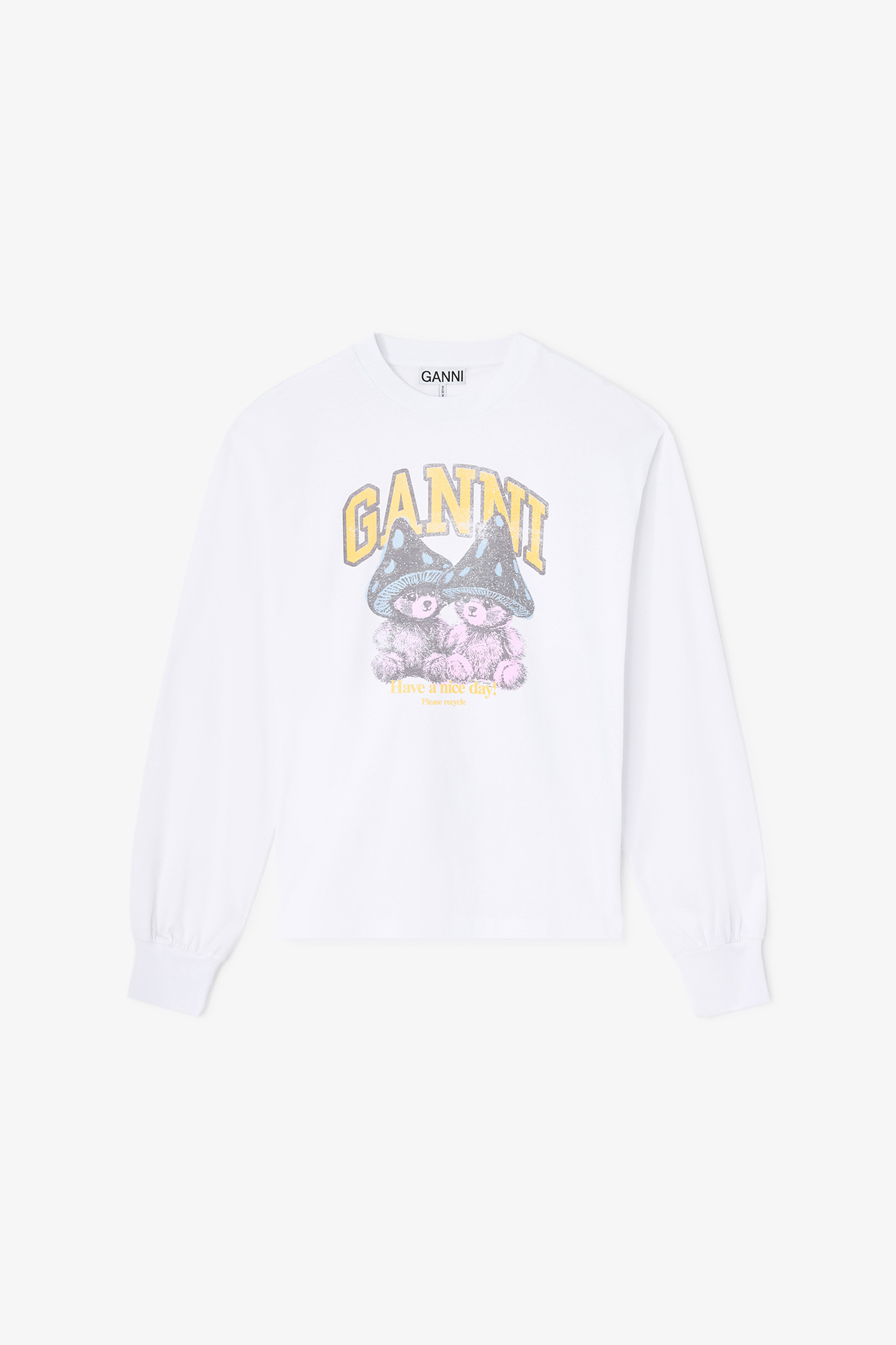 Bright White Long-sleeve T-shirt with Mushroom Teddy | GANNI
